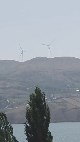 A scenic view of a body of water with hills and wind turbines in the background. The foreground shows a tree with green leaves. The wind turbines are visible on the crest of the hills, and there are some buildings and fields in the valley between the water and the hills. The sky is hazy and light.