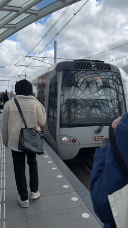 Train station activity in The Hague during midday commute