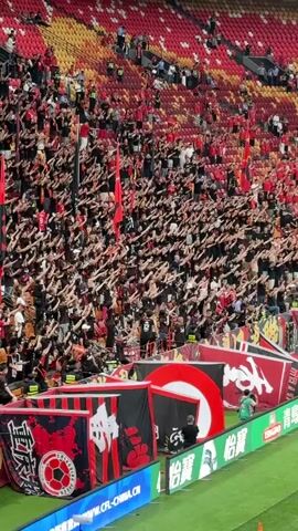 The video shows a large group of people, presumably soccer or football fans, in a stadium section mostly decked in red and black. They are predominantly wearing black clothing and performing a coordinated arm gesture, with their arms extended and pointing slightly upward. Several red flags are held among the crowd. The foreground includes barriers adorned with logos and team colors. The overall setting suggests a sporting event where supporters are showing their allegiance and enthusiasm.
