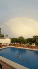 Double rainbow appears over backyard pool in Spain