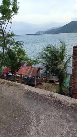 The video shows a view of a body of water with a shoreline and distant mountains. In the foreground, there is a paved surface that appears to be a road or path. Adjacent to the path, on a slightly lower level, are several small, open-air structures with corrugated metal roofs. These structures appear to be simple huts or gazebos. Several palm trees and other foliage are visible around the huts and along the shoreline. The water is choppy, suggesting a windy condition. The sky is overcast, and the overall lighting suggests it might be early morning or late afternoon. There are no people visible in the video.