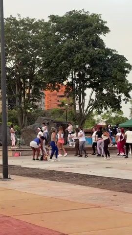 A group of women are dancing outdoors in what appears to be a park. They are spread out in a semi-circle, facing a person who may be an instructor, though they are not clearly visible in the frame. The dancers are engaged in rhythmic movements, with some individuals performing synchronized steps. They are dressed in athletic wear, including leggings, shorts, and t-shirts. The environment features trees, a building in the background, and a light pole. The lighting suggests it is daytime, possibly late afternoon.