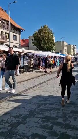 A street market is depicted under a clear blue sky. People are walking along a paved walkway lined with stalls. The stalls appear to be selling various goods, including souvenirs. The buildings in the background are a mix of styles, with some featuring wooden accents. Shadows are cast on the walkway, indicating a sunny day. The camera is following a woman walking away from the viewer, and then pans to show other people and stalls.