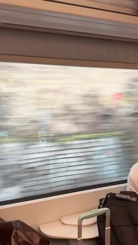 A video captures the view from inside a moving train. Through the train window, the scenery is a blur of motion, indicating the train's speed. In the foreground, visible on the right side of the frame, a person wearing a white t-shirt and sunglasses is seated, looking towards the window. In front of them, a suitcase with a light green handle and a black backpack are placed. On the left side of the frame, a brown bag is partially visible. The train compartment itself is visible, with blinds covering the upper part of the window and a fold-out table in front of the seated passenger. The exterior view consists of buildings, trees, and glimpses of greenery, all distorted by the motion.