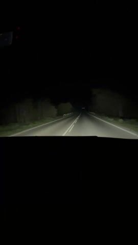 A view from inside a car shows a night drive down a straight, narrow road. The road has a double white line marking its center, and guardrails run along its sides. Vegetation lines both sides of the road. Headlights illuminate the path ahead, and another vehicle is visible in the distance. The dashboard of the car is dark.