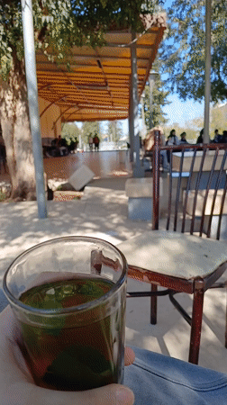 Morning mint tea service at outdoor cafe in Meknes