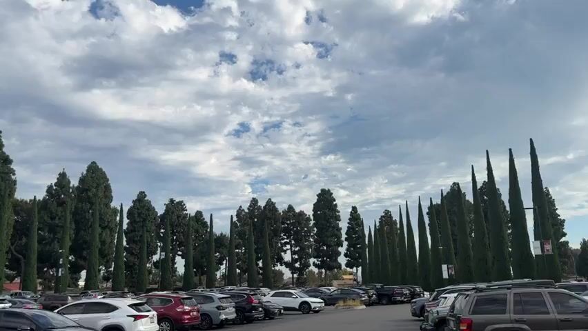 This video showcases a parking lot scene with a backdrop of tall, slender trees, possibly cypress trees, and several palm trees. The sky is partly cloudy with a mix of white and gray clouds against a blue sky, suggesting it is daytime. Several cars are parked in the lot, indicating it is in use, though no people are visible. The scene appears to be set in a suburban or commercial area, with low-rise buildings and a taller, modern office building visible in the background. The overall mood is neutral, with the focus on the natural elements and the man-made environment.

A lamppost with a "P3" sign is prominently featured, indicating a parking level or zone. A banner hangs from the lamppost with text that reads "ST. CALLISTUS LOT" and some imagery that appears to be religious in nature, suggesting the parking lot may be associated with a church or religious institution. The text "ST. CALLISTUS LOT" is also visible on the banner. The location is specified as Garden Grove, United States of America. The time of day is daytime, as indicated by the lighting and the appearance of the sky. The weather appears to be mild, with the clouds suggesting a possibility of changing conditions.