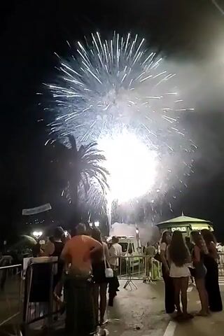 A video shows fireworks exploding in the night sky over a crowd of people gathered outdoors. The fireworks are bright white and spread outwards in a fan-like pattern. Silhouettes of palm trees are visible against the lit sky. People are standing and looking up at the fireworks, some are dressed casually. There are barriers and what appears to be a kiosk or small building in the background. The scene suggests a festive outdoor event.