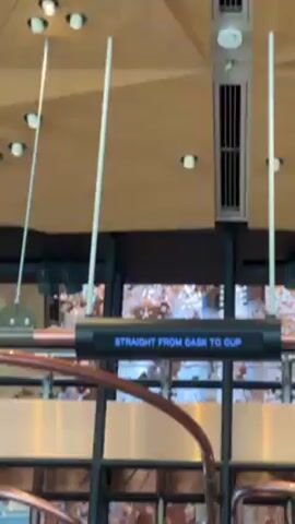 The video shows an interior shot of a building with an interesting architectural design. The ceiling is constructed with light-colored wooden panels arranged in a geometric pattern, complemented by recessed lighting. A system of copper pipes and clear tubes runs across the ceiling. An electronic display is mounted on one of the copper pipes, showcasing text in Japanese. The camera focuses on the ceiling, shifting slightly to highlight the pipes, tubes, and the lighting arrangement, which creates an impression of a modern and design-centric space.