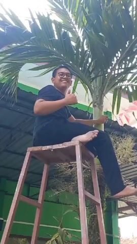 A young man is sitting on a tall metal stool under a palm tree. He is wearing a black t-shirt and black pants, and he is barefoot. He is smiling and giving a thumbs-up to the camera. The background is a green wall and a white ceiling. There are some decorations with red and white stripes on the right side of the frame.