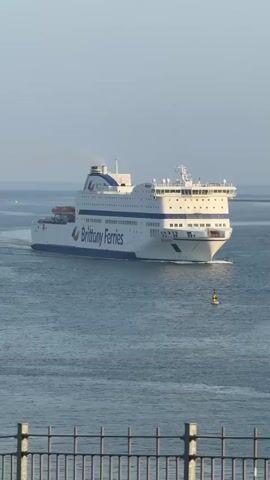 The video shows a large Brittany Ferries passenger ship moving through calm water.  It is daytime with a clear sky.  The camera appears to be positioned on land, looking over a low fence towards the ship.  A yellow buoy floats in the water near the ship's path. A seagull flies in front of the ship. The ship is white with blue accents and the name "Brittany Ferries" clearly visible on its side. Smoke is emitting from the ship's smokestack.