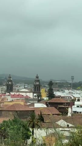 This is a landscape video, likely recorded on a mobile device, showing a cityscape under a cloudy sky. The foreground is dominated by lush green foliage, some of which is flowering yellow, obscuring the lower part of the view. In the mid-ground, a city unfolds with buildings featuring terracotta roofs. Prominently, two church towers with dark domes stand out, with a larger dome structure to their left. Beyond the city, rolling hills are visible, and in the far distance, a tall, slender tower, possibly an airport control tower, can be seen. The overall impression is of a somewhat overcast day, with the sky a uniform grey, suggesting either early morning, late afternoon, or a cloudy weather condition. The camera appears to be panning slightly or is from a moving vehicle, as evidenced by the dynamic foreground foliage. The location is identified as Los Valles, Spain, which aligns with the architectural style of the buildings and the landscape. There is no discernible text in the video. The scene evokes a sense of calm and perhaps a touch of melancholy due to the cloudy weather.