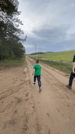 Family enjoys afternoon walk with dog in Noviy, Russia