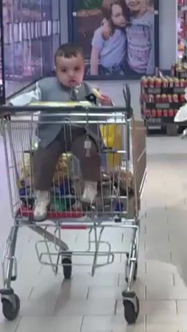 The scene is inside a grocery store. A young child, dressed in a vest and dress pants, sits in the child seat of a shopping cart. The cart is mostly full of groceries, and the child is holding a snack in their hand, seemingly eating it. The child is facing forward with a serious expression. A poster showing two girls is visible in the background, along with shelves of canned goods.