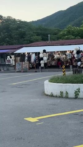 The video pans across an outdoor market area with several stalls set up under a long, covered awning. The stalls appear to be selling various goods, including clothing, hats, and other handcrafted items. Several people are browsing the stalls, and some are interacting with vendors. The market is situated in a natural setting, with trees and mountains visible in the background. The lighting suggests it is either early morning or late evening. The ground in front of the stalls is paved and marked with yellow lines, indicating a parking area or walkway. There are also some decorative elements, such as planters with greenery.