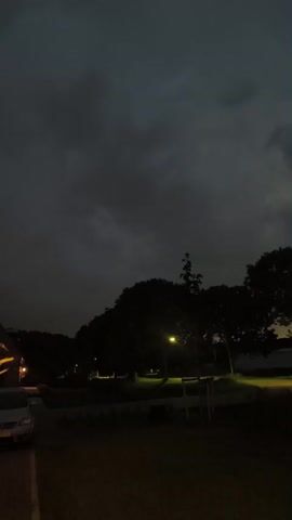 A dimly lit scene captures a parked car and trees under a cloudy sky. The car is positioned on the left side of the frame, with its front facing towards the right. Several trees dominate the middle and right sections of the image, casting shadows in the low light. A streetlamp illuminates a small area near the trees, creating a pool of light on the ground. The sky is overcast with dark clouds, suggesting either twilight or a stormy atmosphere. The overall ambiance is somber and still.