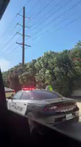 The video, filmed from inside a vehicle, shows a police car stopped on the side of a road during the day under a clear, bright blue sky. A large power pole is visible in the background, followed by dense green and reddish-leaved trees or bushes. The police car, which is black and white, has its emergency lights flashing red and blue on the roof. The word "POLICE" is clearly visible on the side of the vehicle. The camera briefly pans to show more of the police car and the surrounding foliage. Audio includes a person speaking, saying, "Dude, Dr. P, Dr. P just says me, that please be resilient with everything that's happening. You guys are almost at the end." The setting appears to be a sunny roadside in what could be La Quinta, United States, given the provided context.