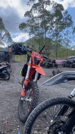 Dirt bikes and riders gathered in Kintamani, Indonesia