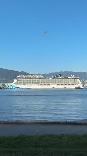 Vancouver waterfront scenes show cruise ship and Lions Gate Bridge
