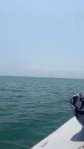 The video shows a boat moving across the ocean on a sunny day. The water is a dark turquoise color and the sky is a light blue. The movement of the boat creates white spray that cascades off the side.