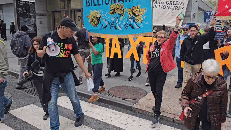 Dozen protesters march near Grand Central demanding billionaire taxes