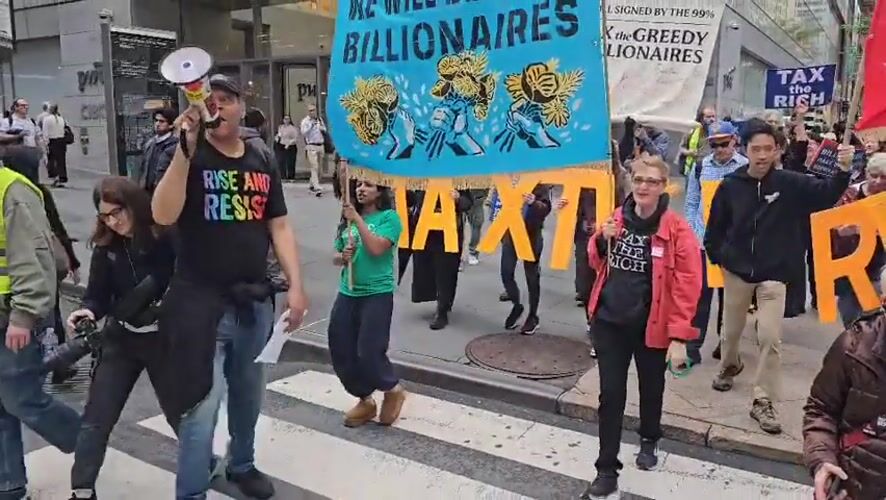 Dozen protesters march near Grand Central demanding billionaire taxes