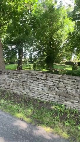 The video pans across a cemetery with a stone wall in the foreground. Numerous gravestones are visible amongst trees and bushes. In the background, a white building, possibly a church, can be seen. The scene is bathed in sunlight, suggesting daytime.