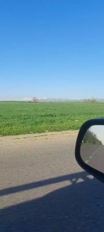 The video shows a view from a moving vehicle. The camera is focused on the landscape visible outside the window and in the side mirror. The foreground features a grey paved road, and the car's shadow is visible on the road. To the left of the road is a vast, green field stretching towards the horizon under a clear blue sky. In the distance, there are faintly visible snow-capped mountains. The side mirror shows a reflection of the road stretching backwards, lined with trees. The video is taken during a bright, sunny day.