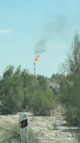A tall industrial flare stack burns intensely with orange flames and black smoke billowing into a clear blue sky. The flare stack is situated in a dry, arid landscape with sparse, scrubby vegetation. The foreground is filled with green, bushy plants, and the ground appears rocky and dry. The scene suggests an industrial facility in a remote, undeveloped area.