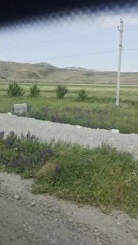 A wide shot of a rural landscape with green fields and rolling hills under a cloudy sky. A gravel road runs through the scene, bordered by grass and some scattered bushes. In the distance, there are power lines and some structures. The camera is moving, suggesting it is from a vehicle. The second half of the video shifts to the interior of a yellow vehicle, possibly a bus or van. Passengers are visible seated, with some wearing masks. Curtains are drawn on the windows, and the interior appears functional. The transition from the exterior landscape to the interior of the vehicle is abrupt.