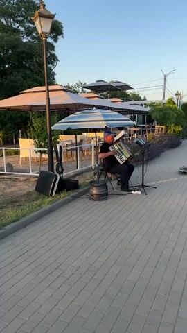 A person wearing a black shirt, black pants, and an orange hat is playing an accordion. They are sitting on a stool next to a black case. The accordionist is positioned on a paved walkway with a stone border. Behind the accordionist, there are outdoor dining tables and umbrellas. A lamppost stands to the left of the frame, and in the background, there are trees and buildings. The sky is clear and blue.