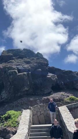 The video shows a bird flying in the sky above a group of people standing on stone steps. The bird is dark and appears to be a raven. It flies from right to left, passing in front of a large rock formation. The sky is blue with white clouds. The people are looking up at the bird. One man is wearing a blue jacket and khaki pants. Two people are wearing hooded sweatshirts. The stone steps are part of a path that leads up to the rock formation. There is some green vegetation growing on the side of the rock formation. There is a sign visible in the background but it is too far away to read. The video is taken from a low angle, looking up at the bird and the rock formation.