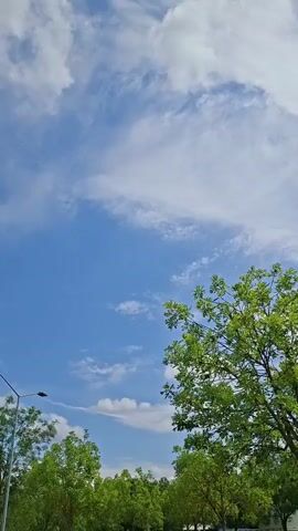 The media file captures a dynamic sky with scattered white clouds against a bright blue backdrop. Wispy cirrus clouds streak across the upper portion of the frame, suggesting movement and atmospheric activity. In the foreground, lush green trees with full canopies dominate the lower half of the image, creating a natural, outdoor setting. The leaves appear vibrant, indicating it's likely daytime during a warmer season.

The perspective is looking upwards, emphasizing the vastness of the sky. The lighting suggests it's daytime, possibly late morning or early afternoon, given the brightness. The weather appears pleasant, with a mix of sun and clouds, creating a visually interesting sky.

There are no discernible people or specific objects, apart from the trees, that could clearly identify a precise location. However, the presence of trees and a general sense of open space could indicate a park, a residential area with landscaping, or a roadside environment. The context provided places this scene in Rastatt, Germany, suggesting a European landscape.

No visible text is present in the media file. The overall mood conveyed is one of natural beauty and perhaps a sense of calm or wonder inspired by the sky and the verdant trees. The activity taking place is simply the visual unfolding of the natural environment under a lively sky.