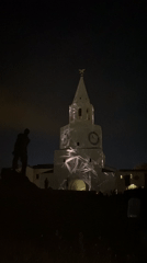 Light show illuminates white tower in Tatarstan, Russia