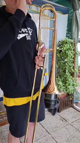 A person wearing a black hoodie and black shorts with a yellow stripe stands outside holding a brass trombone. The person is wearing glasses and has their hand up to their face. The trombone is held vertically in front of the person. Behind the person, there is a green tarp, a potted plant with ivy, and a white and blue striped awning. The person appears to be playing or preparing to play the trombone.