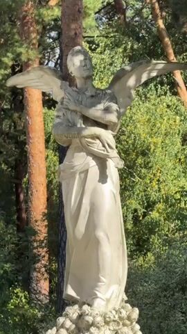 A stone statue of an angel with outstretched wings stands amidst trees and greenery. The angel is depicted with its eyes closed and its head tilted upwards, holding a bird or flower in its arms. The statue is dressed in flowing robes, and it rests on a base adorned with what appears to be a cluster of roses. The background consists of a tall, brown tree trunk on the left and lush green foliage and trees on the right. The lighting suggests it is daytime, with sunlight filtering through the leaves. The video is a slow pan or tilt of the statue.