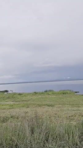 The video pans across a grassy field with tall dry grass in the foreground. In the middle ground, there is a body of water, likely a lake, with a distant shoreline and mountains. The sky is overcast. On the left side of the frame, there is a green tent, two cars (one silver, one white), and a person standing near the tent. Further to the right, there are more trees and bushes. Towards the right edge of the frame, another person is visible standing next to a car. The overall scene depicts a campsite by a lake on a cloudy day.