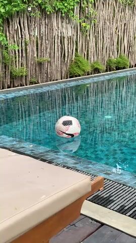 A white and black soccer ball floats in a swimming pool. The pool water is turquoise. A wooden lounge chair is visible in the foreground on the left. A wooden fence made of vertical logs is in the background. There are green plants growing on top of the fence.