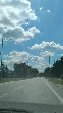The video captures a scenic drive on a paved road, bordered by lush green trees and a bright blue sky filled with fluffy white clouds. The perspective is from inside a vehicle, looking forward. The road appears to be a two-lane highway, with clear white markings indicating lanes and shoulders. Streetlights are visible along the roadside, suggesting this is a well-maintained route.

The activity is a journey, with the car steadily progressing along the road. The setting is outdoors, with natural elements dominating the landscape. The time of day is clearly daytime, with bright sunlight illuminating the scene and casting soft shadows. The weather is pleasant, indicated by the clear blue sky and the presence of cumulus clouds, suggesting a warm and fair day.

Notable details include the verdant foliage of the trees, which are in full leaf, and the textured surface of the road. There are no people clearly visible in the frame, though a faint figure might be seen in the distance on the road. The overall mood is peaceful and tranquil, evoking a sense of ease and a pleasant travel experience. The location is identified as Złotopole, Poland. No visible text is present in the video.