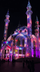 Kazan mosque features multicolored light display as evening pedestrians gather