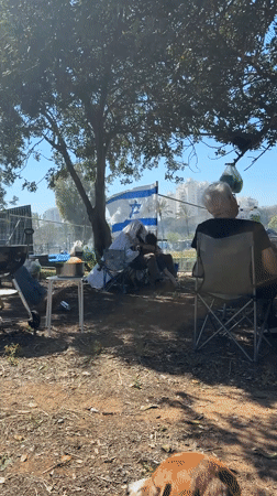 People gather in Tel Aviv park with signature-covered flag
