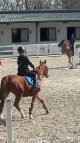 The video shows two people horseback riding in a sand arena. The first horse and rider are in the foreground. The horse is light brown and the rider is wearing a black helmet, a black jacket, and black pants. The second horse and rider are in the background. The second horse is light brown and the rider is wearing a black helmet and black jacket. The riders are moving in a circular direction in the arena. The arena is surrounded by a white fence, and there is a building with windows in the background. The weather appears to be sunny.