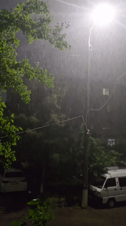 Rainstorm observed in Tashkent under streetlight illumination