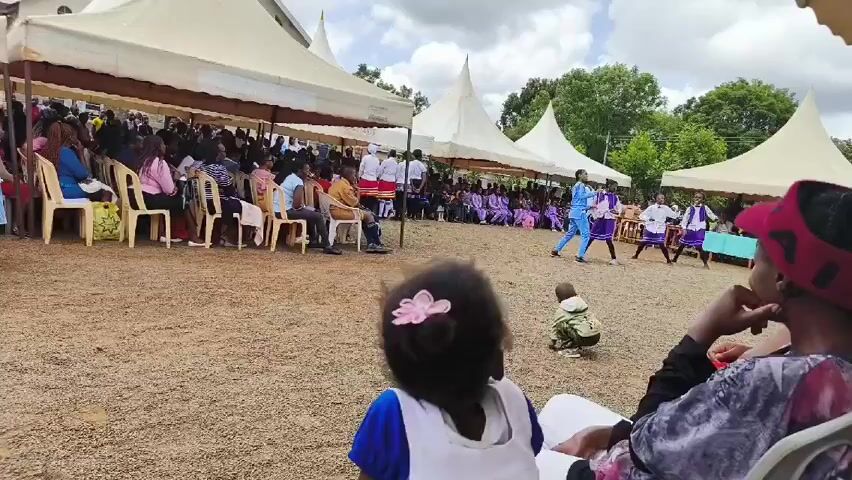 The scene takes place outdoors on a dirt-covered ground with several white, cone-topped tents. A large group of people, mostly adults and children, are seated in chairs under the tents, seemingly watching a performance.  A group of individuals in colorful attire are dancing in the open space. Children in different colored outfits are standing on the sidelines watching. In the foreground, a toddler with a pink bow in their hair and wearing a blue and white outfit is standing, also facing the performance area. A person wearing a hat and a patterned shirt sits in a chair to the right, observing the scene. The sky is overcast with scattered clouds.