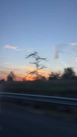 The video shows a sunset viewed from a moving vehicle. The sky is a gradient of blue, fading to orange and pink near the horizon where the sun is setting. Silhouetted trees and foliage are visible against the colorful sky. A metal guardrail runs along the bottom of the frame, separating the road from the landscape. The motion blur indicates the vehicle is traveling at speed. The video appears to be captured during the golden hour.