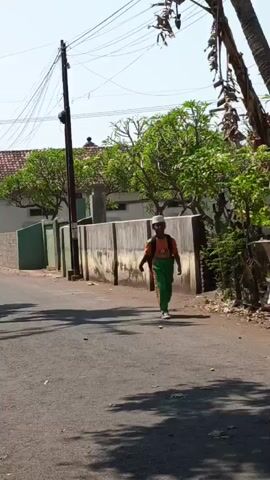 A young person wearing a white cap, an orange shirt, and green pants walks down a paved road. They are carrying a backpack. The road is lined with trees and a low wall. There are power lines overhead. The sky is clear and blue, indicating it is a sunny day.