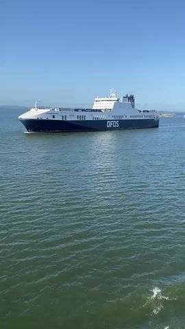 This is a video clip of a large DFDS ferry sailing on the water. The ferry is predominantly white with a dark blue stripe along its hull, and the company name "DFDS" is prominently displayed in large red letters on the side. The ferry appears to be a Ro-Pax vessel, designed to carry both passengers and vehicles. It is a bright, sunny day with a clear blue sky. The water is a greenish-blue with small waves. In the background, there is a faint outline of land, suggesting the ferry is either approaching or departing from a port. The setting appears to be a harbor or coastal area, and given the provided context, it is likely Gothenburg, Sweden. The overall mood is serene and maritime, with no people visible in the frame. The video captures the ferry in motion, likely en route to or from its destination. The name "PETUNA SEAWAYS" is also visible in smaller text on the side of the ferry towards the bow.
