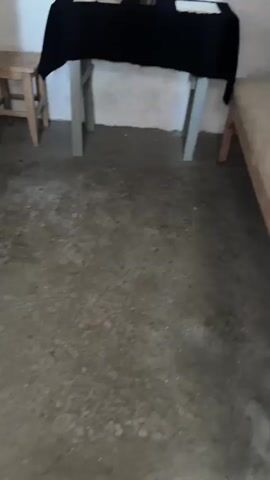 The video pans across a dimly lit room with concrete floors and white, rough-textured walls. In the first shot, a small, light-colored wooden stool is visible in the corner. A table covered with a black cloth stands nearby, with what appears to be a book or papers on it. The camera then moves to the left, showing a portion of the wall and a kettle on a stand. As the video continues, the stool is again visible, and then the camera focuses on the table with its dark cloth and contents. In the final shot, a small window is visible high on the wall, and two colored strips, one yellow and one blue, lie on the floor. The overall impression is of a sparse, utilitarian space, possibly a storage area or a simple dwelling.