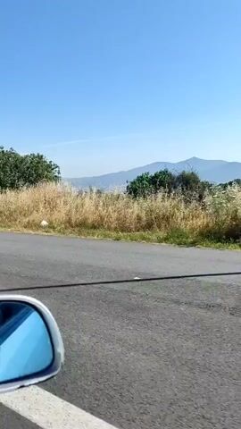 The video is shot from the interior of a moving vehicle, looking out the front passenger side. The car's blue-tinted passenger side mirror is visible in the lower left foreground. The vehicle is traveling on an asphalt road with a solid white line on the left. To the right of the road, there is an expanse of dry, light brown grass and several green trees. In the distance, a hazy mountain range is visible under a clear blue sky. The camera briefly pans forward, showing the car's A-pillar and a portion of the dashboard, as well as a red and white traffic sign on the left side of the road ahead.