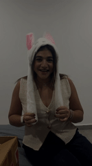Woman in bunny hat photographed indoors in Puebla